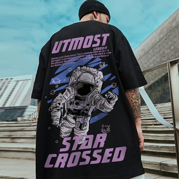 oversize歐美潮牌胖子男裝大碼國潮嘻哈寬松短袖T恤宇航員半袖潮