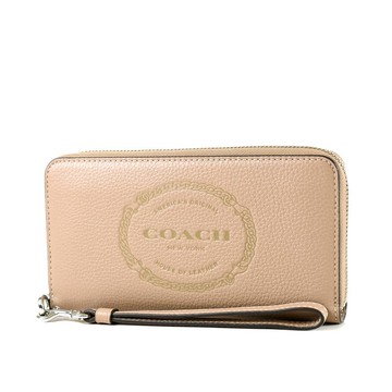 COACH 浮雕LOGO荔枝紋手掛式拉鍊長夾-奶茶色