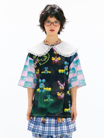 雙層娃娃領 褶皺花邊 彩色涂鴉印花短袖 夏日T恤 黑色T恤