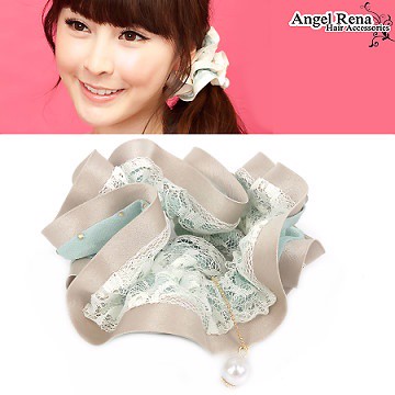 【Angel Rena】雪紡霧金點雙層蕾絲˙珍珠墜飾髮束(湖水綠)