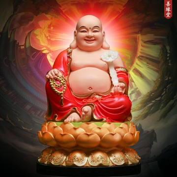 善緣堂彌勒佛樹脂佛像紅衣大肚樂佛笑佛家用供奉保平安佛堂擺件