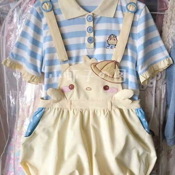 7358 名固定客⚡日系軟妹春夏刺繡小黃雞幼稚園小雞花苞揹帶褲兩件套裝可愛短褲2VBJ