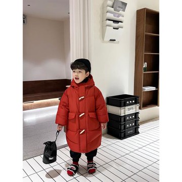 okaidi童裝冬季男童紅色中長款白鴨絨羽絨服兒童寶寶韓版保暖外套