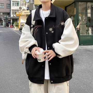 毛呢外套男撞色拼接刺繡呢子上衣春秋青少年男裝潮牌寬松翻領夾克