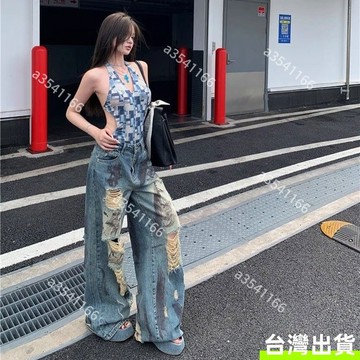 【高街廢土風】美式潑墨破洞廢土牛仔褲 高腰遮胯顯瘦 直筒褲 寬鬆遮肉闊腿褲 乞丐褲 破洞褲 拖地褲 時髦個性潮流長褲