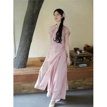 飛花令 少女粉色薄紗草木染天絲改良旗袍＋吊帶裙