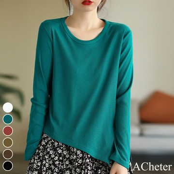 【ACheter】不規則休閒長袖t恤細坑條純色開叉圓領簡約百搭短版上衣# 114176(現貨+預購)