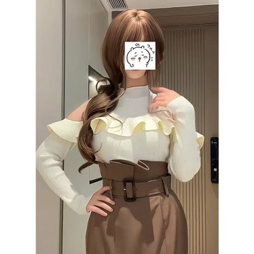 小泡芙日系冬季女裝甜美淑女半高領荷葉邊露肩針織衫打底長袖上衣