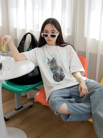純棉灰色貓咪字母印花短袖上衣