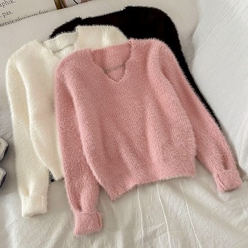 日系軟奶風純色毛針織衫T恤上衣女年秋季新款v領長袖套頭毛衣
