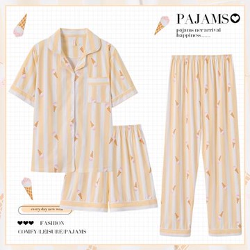 韓系條紋睡衣女三件套夏季薄款2024新款可外穿純棉短袖家居服套裝