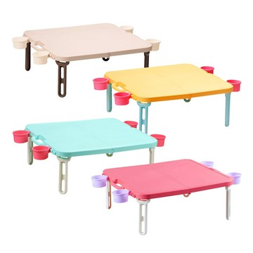 【日本Livewell】馬卡龍色系輕量便攜摺疊野餐桌(附杯架)  日本製 含掛勾 戶外露營桌 收納桌 手提桌