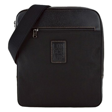 [平輸版]LONGCHAMP    BOXFORD系列壓印皮標帆布斜背包(中/黑)真品平輸