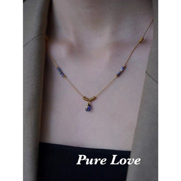 Pure Love樂芙 /正韓 鈦鋼【316L醫療鋼】G01174彩色方塊天然石米字點綴鎖骨鏈 短項鏈 / 兩色