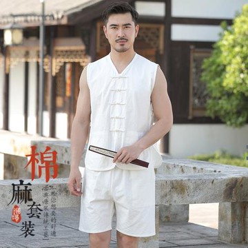 中國風唐裝男士中式上衣背心亞麻馬甲薄款汗衫夏季中老年爺爺套裝