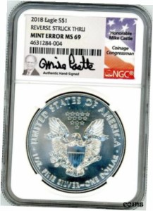 アンティークコイン NGC PCGS Silver Eagle MS69 Mint Error Reverse Struck Thru Mike Castle