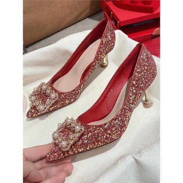 秀禾服婚鞋新娘鞋2026年新款珍珠網紅孕婦穿不累腳3/5cm小高跟鞋