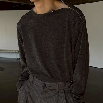 正韓質感時髦肩切拉鍊長袖針織上衣 3色 YUPPIE 預購商品 0203