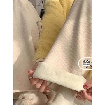 2025冬季新款加絨加厚羊絨闊腿褲子女胖mm大碼顯瘦遮胯休閑直筒褲