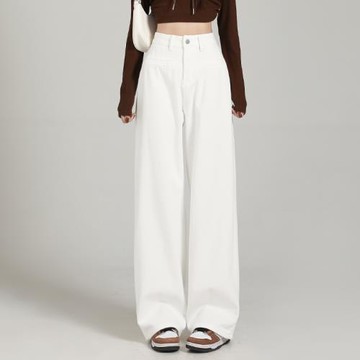 白色牛仔褲女2025年新款美式高街寬松百搭窄版直筒闊腿加長拖地褲