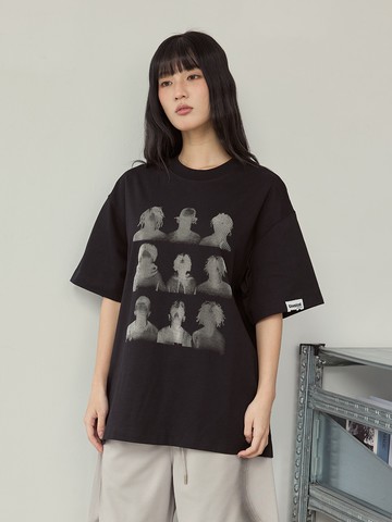 復古九宮格人物印花短T