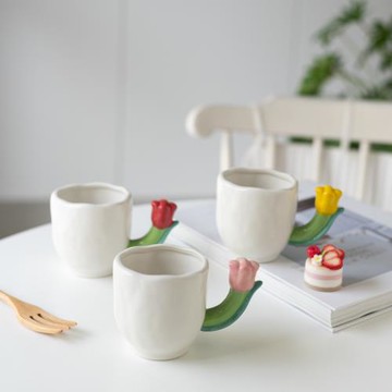 夢田良品 ins高顏值手捏郁金香把手馬克杯小眾立體咖啡杯牛奶杯