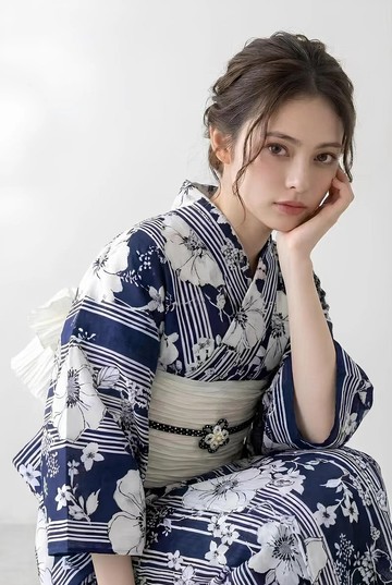 藏青古典條紋純棉浴衣套 (含兵兒帶 腰繩與木屐 可量身訂製)