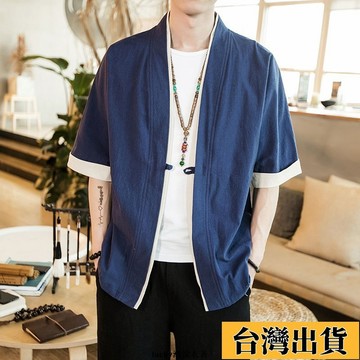 🌷新店優惠🌷古風漢服男士外套中國風亞麻男裝大尺碼寬鬆復古薄小外套棉麻五分袖道袍