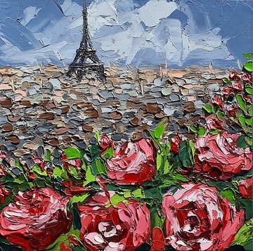 埃菲爾鐵塔畫玫瑰花原創藝術油畫巴黎城市景觀