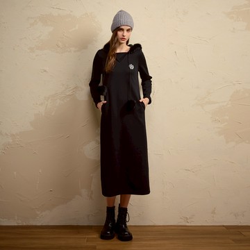 SO NICE 學院運動風毛球連帽顯瘦內磨毛衛衣長洋裝