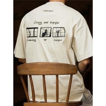 BGYO 美式復古淺褐色短袖T恤男寬松音樂演奏印花索羅娜涼感上衣夏