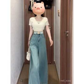 P3-【限時特賣】牛仔褲 牛仔長褲 長褲女 高腰褲 水洗復古闊腿牛仔褲女秋季薄款高腰顯瘦大擺裙褲象腿大褲腳拖地褲 NTH