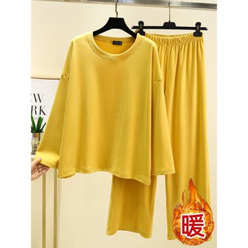 德絨寬松家居服套裝女冬加肥加大長袖睡衣純色大碼加絨保暖兩件套