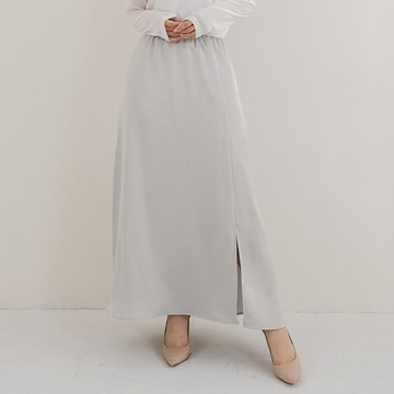 【PolyLulu】 MISS.仙女氣質微光澤緞面開衩鬆緊傘襬長裙 中大尺碼裙子 銀灰色