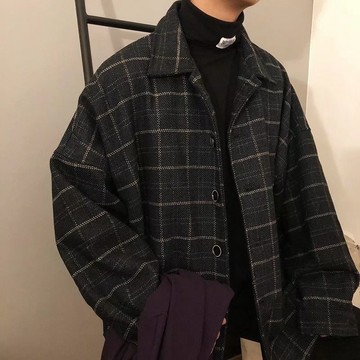毛呢外套 男 保暖外套 冬天外套 外套男加厚格子韓版寬鬆流學生港風複古毛呢夾克 WZZT
