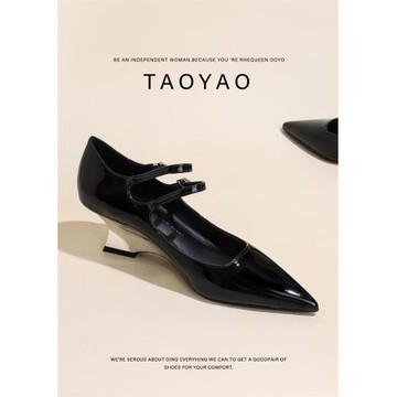 漆皮尖頭坡跟瑪麗珍高跟鞋女2025新款歐洲站小眾設計感一字帶單鞋