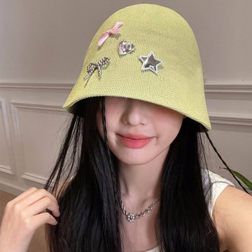 韓版蝴蝶結春夏新款甜酷風盆帽裝飾休閑百搭純色針織帽漁夫帽女