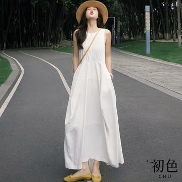 初色 法式輕奢風寬鬆純色圓領無袖大裙襬褶皺中長裙背心連衣裙連身洋裝長裙-白色-50514(M-2XL可選)