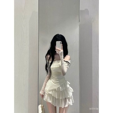 【限時特賣】海邊長裙  氣質套裝裙  純慾甜美裙【】純慾香肩露套裝修身上衣半身裙女一字夏裝辣妹蛋糕純慾風兩件套
