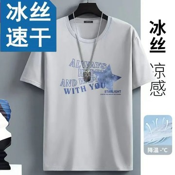 【男士潮流短袖T】冰絲短袖男士夏季新款透氣網眼大碼帥氣半袖寬鬆體恤衫體恤上衣港風潮流個性印花百搭高端 短袖上衣 短袖