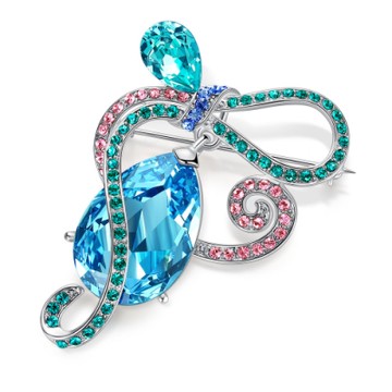 GIUMKA別針胸針 水滴蝴蝶結水晶吊墜 精鍍正白K 藍水晶款