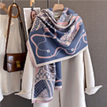 【Decoy】拼接木馬 雙面印花仿羊絨披肩圍巾/藍色