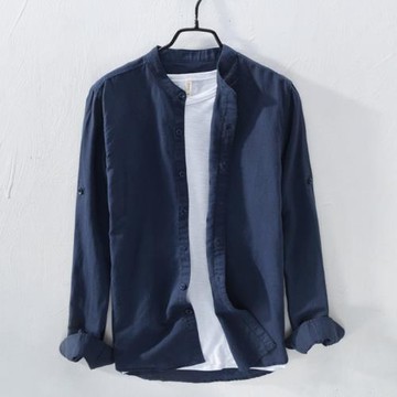 春季日系復古休閑薄款男長袖襯衣棉麻立領純色亞麻國潮透氣防曬衣