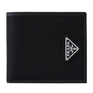PRADA 金屬三角LOGO尼龍對開式八卡短夾(黑)