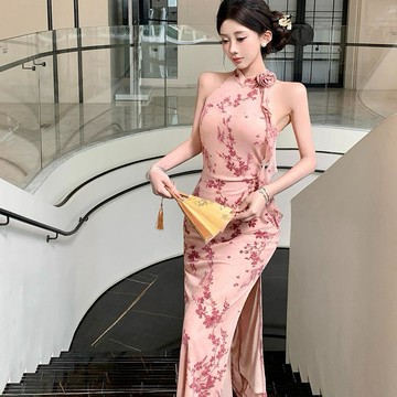 立體花朵 無袖連身裙 彈力修身 印花洋裝 小女人露肩 無袖開叉連身裙