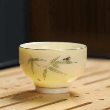 羊脂玉瓷茶杯寶石黃描金功夫茶杯陶瓷品茗杯家用單杯子中式小清新