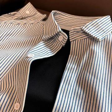 藍白條紋襯衫春秋男款日系復古內搭疊穿襯衣寬松百搭情侶翻領外套鑫弘-衣錦男裝