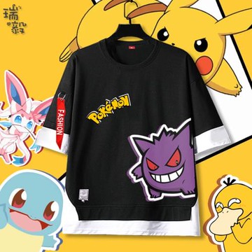 耿鬼皮卡丘杰尼龜伊布寶可夢假兩件短袖T恤衫男女兒童裝5五分中袖