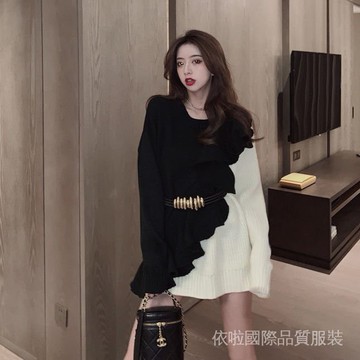 顯瘦連衣裙秋冬毛衣裙寬鬆韓版新款洋氣拚接時尚2020年氣質女針織
