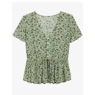 9.19晚8點【MK】秋裝 女式時尚復古碎花甜美V領收腰短袖襯衫上衣